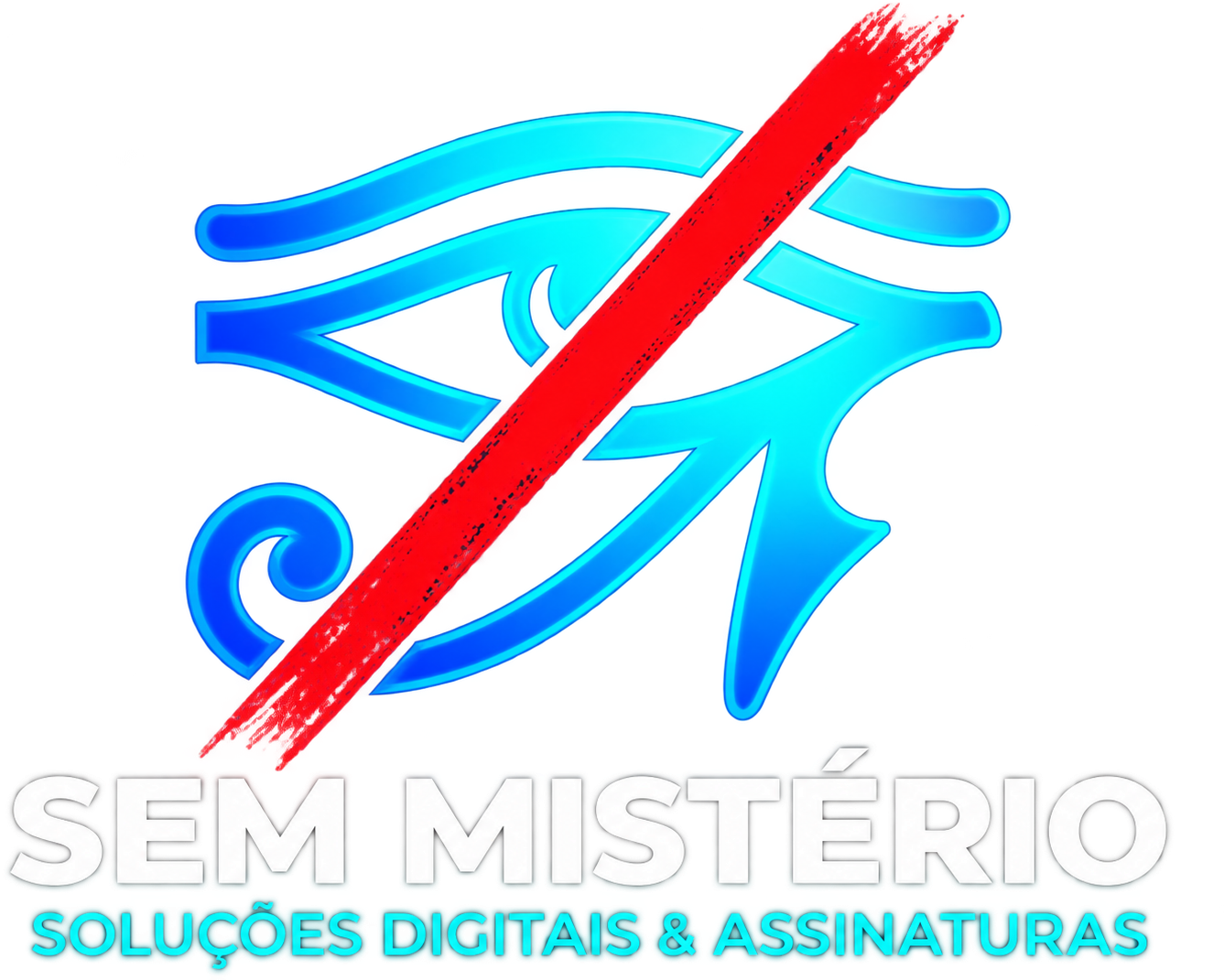Sem Mistério — símbolo em neon com pincelada vermelha, Soluções Digitais & Assinaturas
